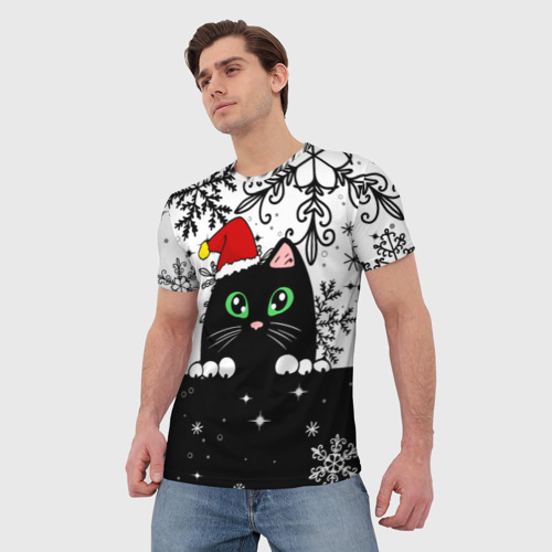 Мужская 3D футболка с принтом Новогодний кот в колпаке Санты, фото на моделе #1