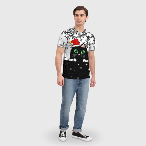 Мужская 3D футболка с принтом Новогодний кот в колпаке Санты, вид сбоку #3