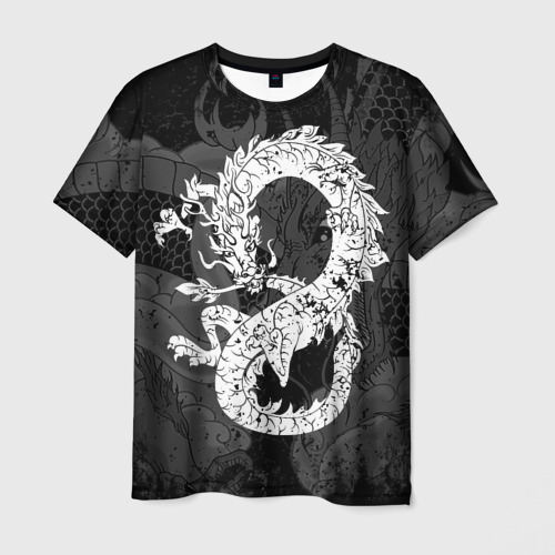 Мужская футболка 3D с принтом Белый Дракон Гранж | White Dragon, вид спереди #2