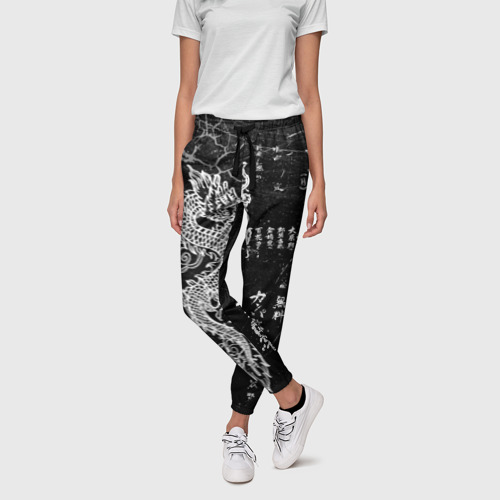 Женские брюки 3D с принтом Японский дракон и иероглифы, фото на моделе #1