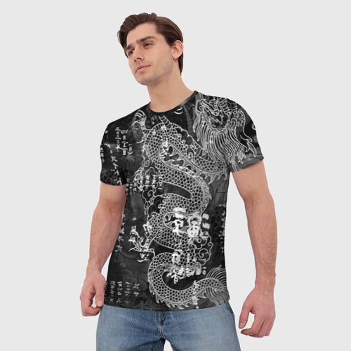 Мужская футболка 3D с принтом Японский огненный дракон, фото на моделе #1
