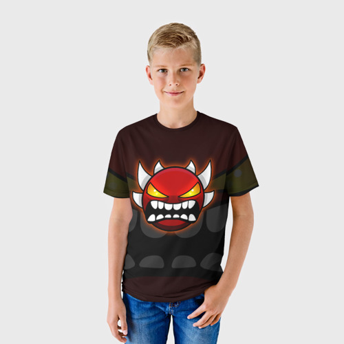 Детская футболка 3D с принтом Geometry Dash purple demon face, фото на моделе #1