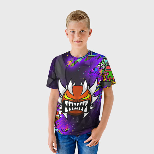Детская 3D футболка с принтом GEOMETRY DASH DEMON SKIN / ГЕОМЕТРИ ДАШ ДЕМОН СКИН, фото на моделе #1