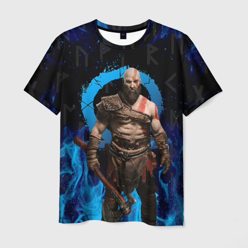 Мужская футболка 3D с принтом Бог войны Кратос в огне на спине, вид спереди #2