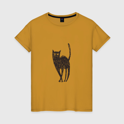 Женская футболка хлопок с принтом Рисованная кошка, вид спереди #2