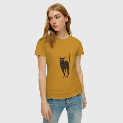 Женская футболка хлопок с принтом Рисованная кошка, фото на моделе #1