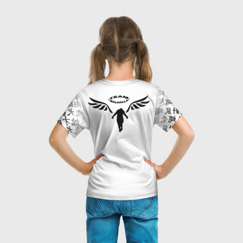 Детская футболка 3D с принтом Walhalla team на спине белые иероглифы, вид сзади #2