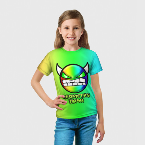 Детская футболка 3D с принтом Геометри Дэш радужный | Geometry Dash, вид сбоку #3