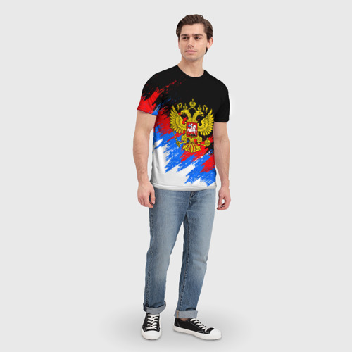 Мужская 3D футболка с принтом ТРИКОЛОР РОССИЯ, БРЫЗГИ КРАСОК, вид сбоку #3