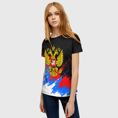 Женская футболка 3D с принтом ТРИКОЛОР РОССИЯ, БРЫЗГИ КРАСОК, фото на моделе #1