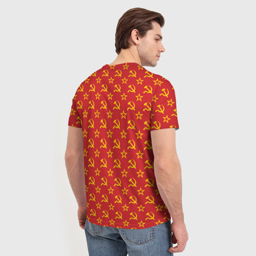Мужская футболка 3D с принтом Желтый серп и молот СССР на красном, вид сзади #2