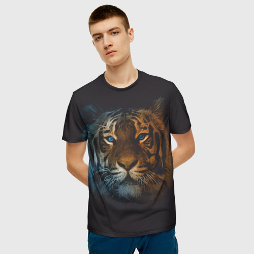 Мужская 3D футболка с принтом Тигр с голубыми глазами, фото на моделе #1