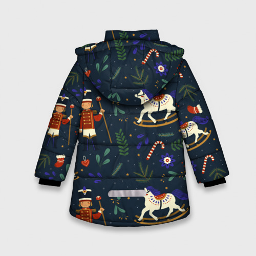 Зимняя куртка для девочек 3D с принтом Щелкунчик паттерн с лошадкой, вид сзади #1