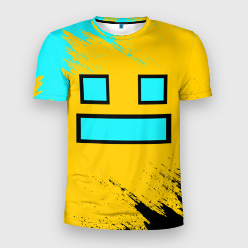 Мужская футболка 3D Slim с принтом Geometry Dash smile брызги красок, вид спереди #2