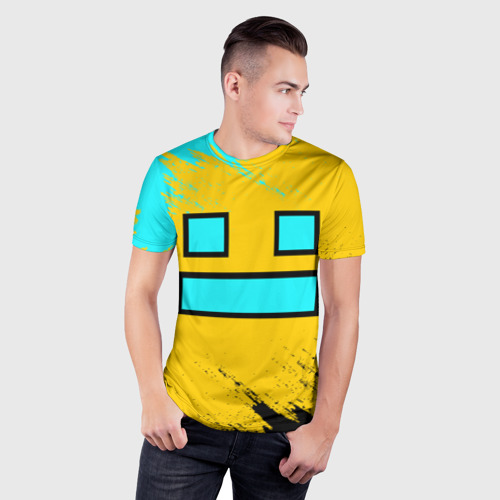Мужская футболка 3D Slim с принтом Geometry Dash smile брызги красок, фото на моделе #1