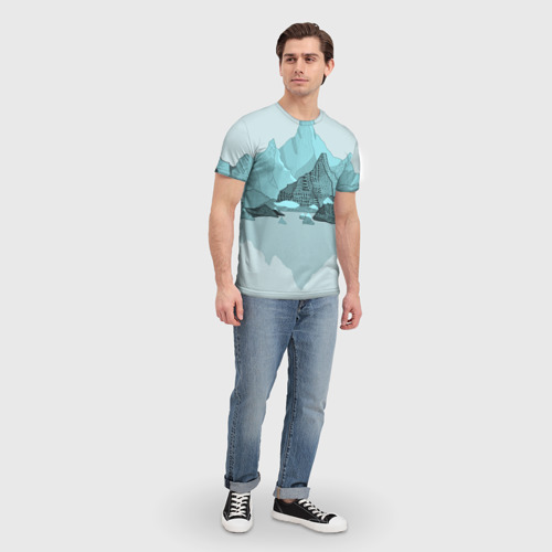 Мужская футболка 3D с принтом Голубой горный пейзаж с темно-серыми тенями, вид сбоку #3