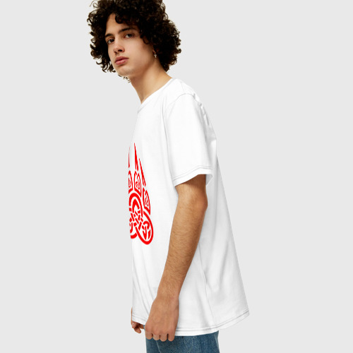 Мужская футболка хлопок Oversize с принтом Печать велеса красный лапа волка, вид сбоку #3