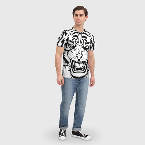 Мужская футболка 3D с принтом Белый тигр силуэт, символ 2022 года, вид сбоку #3