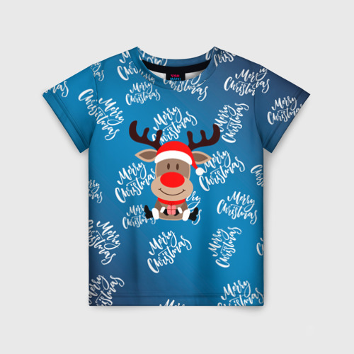 Детская футболка 3D с принтом Merry Christmas Олень с подарком, вид спереди #2