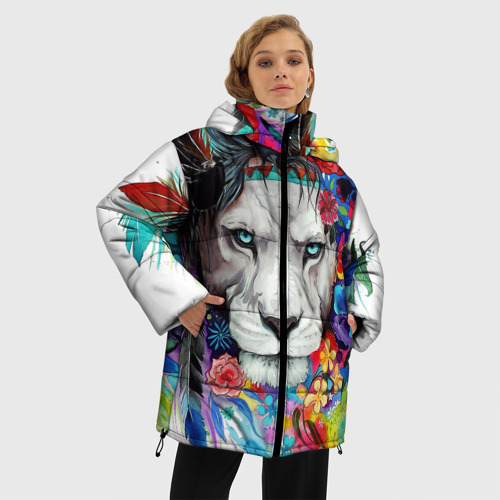 Женская зимняя куртка 3D с принтом Лев - сильный взгляд, фото на моделе #1