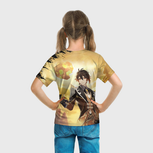 Детская футболка 3D с принтом Чжун Ли ордер Геншин Импакт, вид сзади #2