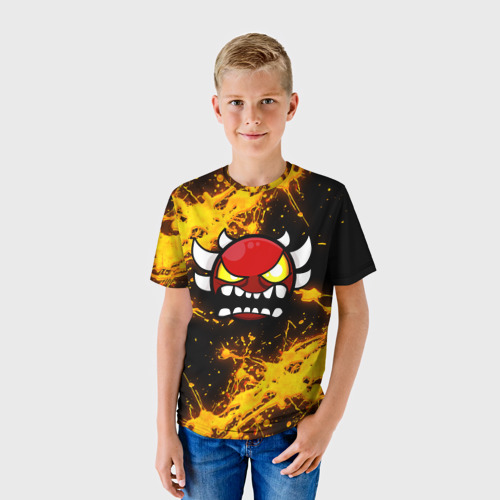 Детская 3D футболка с принтом Геометри Дэш огненный | Geometry Dash, фото на моделе #1