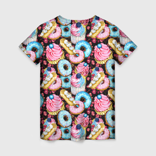 Женская футболка 3D с принтом Узор из сладостей на черном фоне, вид сзади #1