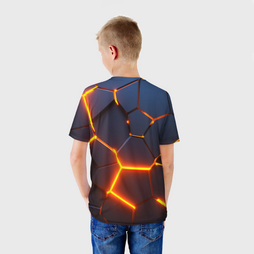 Детская футболка 3D с принтом Geometry Dash 3D плиты, трещины геометрия, вид сзади #2