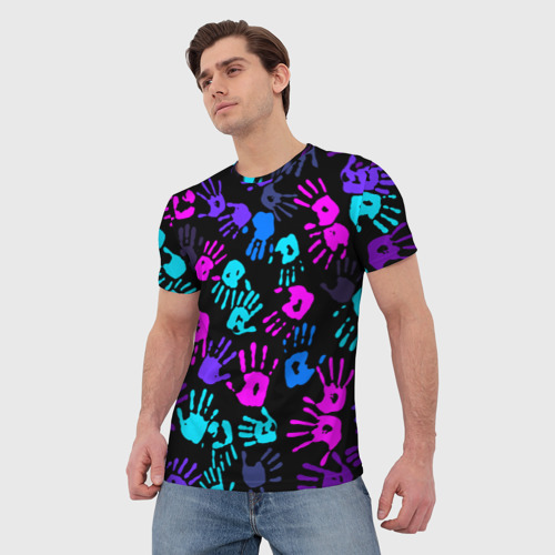 Мужская футболка 3D с принтом Следы неоновых рук, фото на моделе #1