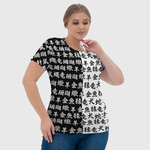 Женская футболка 3D с принтом ЧЁРНО БЕЛЫЕ ИЕРОГЛИФЫ, фото #4
