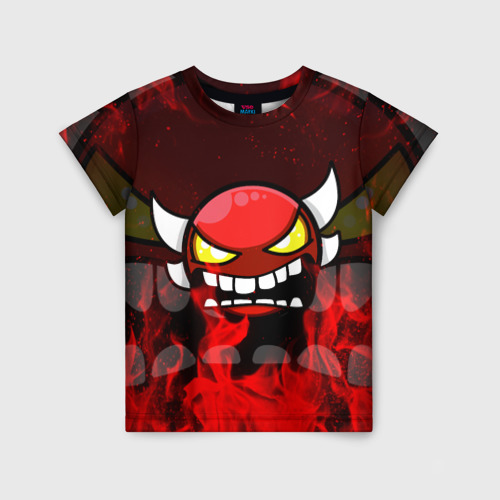 Детская футболка 3D с принтом GEOMETRY DASH RAGE SMLIE LEVELS RED FIRE, вид спереди #2