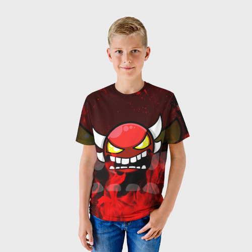Детская футболка 3D с принтом GEOMETRY DASH RAGE SMLIE LEVELS RED FIRE, фото на моделе #1