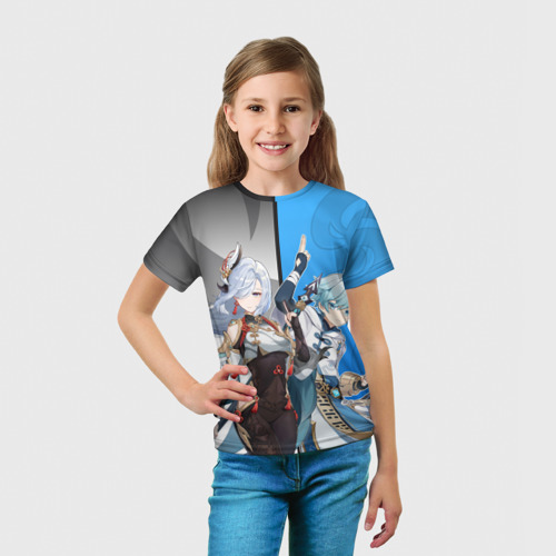 Детская футболка 3D с принтом ШЭНЬ ХЭ | ЧУНЬ ЮНЬ | GENSHIN IMPACT, вид сбоку #3