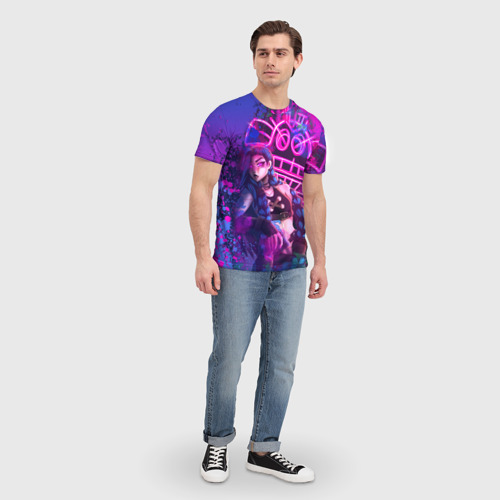 Мужская футболка 3D с принтом League Of Legends Arcane Джинкс неоновая краска, вид сбоку #3
