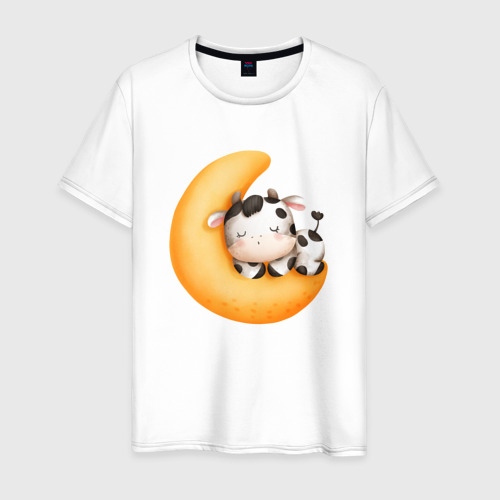 Мужская футболка хлопок с принтом Спящий бычок на месяце, вид спереди #2