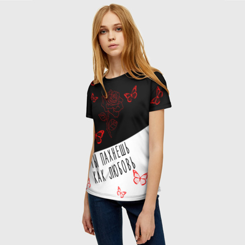 Женская футболка 3D с принтом Роза Бабочки Любовь, фото на моделе #1