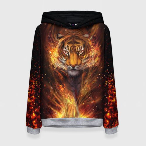 Женская толстовка 3D с принтом Огненный тигр / Сила огня, вид спереди #2