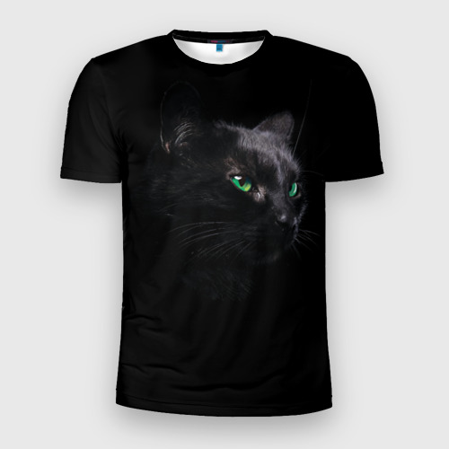 Мужская футболка 3D Slim с принтом Черна кошка с изумрудными глазами, вид спереди #2
