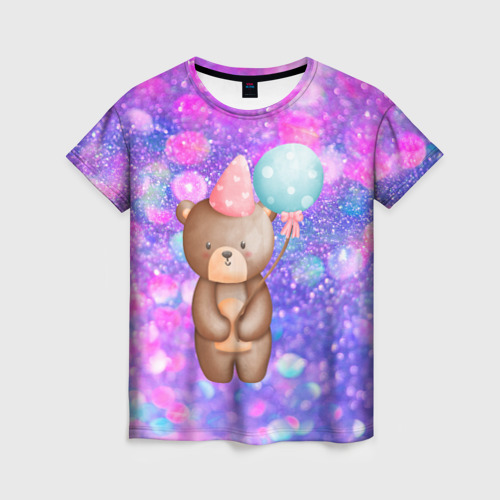Женская футболка 3D с принтом День Рождения - Медвежонок с шариками, вид спереди #2