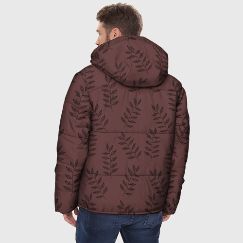 Мужская зимняя куртка 3D с принтом Веточки с черными листьями на коричневом фоне, вид сзади #2