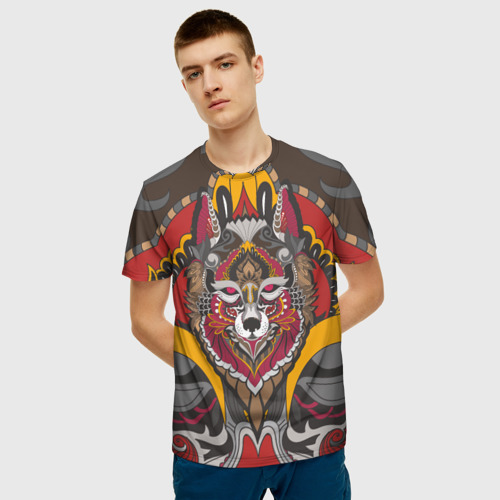 Мужская 3D футболка с принтом Этника Волк Узоры, фото на моделе #1