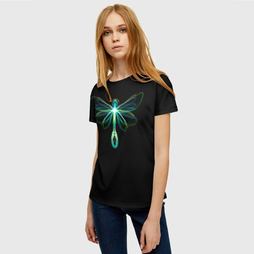 Женская футболка 3D с принтом Неоновая стрекоза, фото на моделе #1