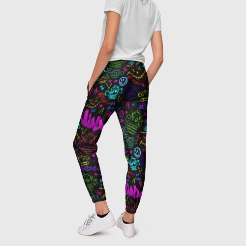Женские брюки 3D с принтом League Of Legends - Arcane неоновые логотипы, вид сзади #2