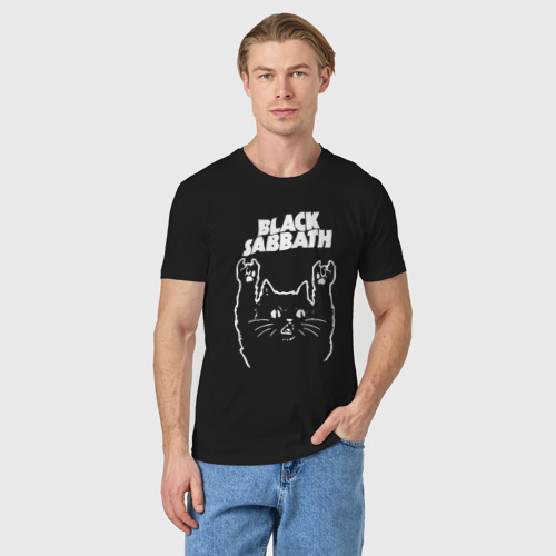 Мужская футболка хлопок с принтом Black Sabbath Рок кот, фото на моделе #1