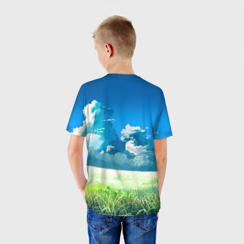 Детская футболка 3D с принтом Хильда в зеленом поле, вид сзади #2