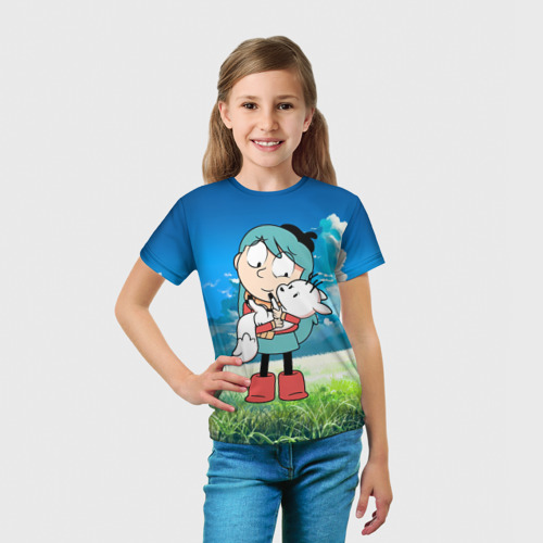 Детская футболка 3D с принтом Хильда в зеленом поле, вид сбоку #3