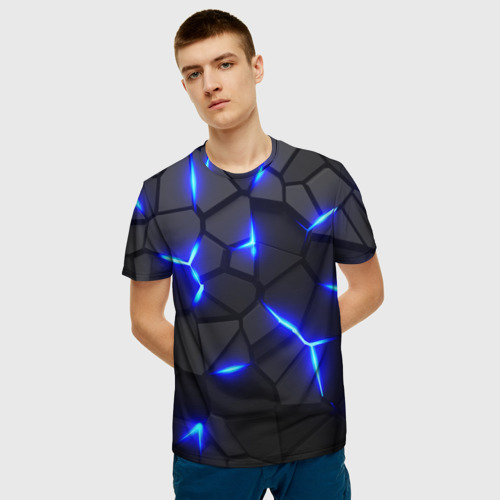 Мужская 3D футболка с принтом КИБЕРПАНК БРОНЯ - 3Д ПЛИТЫ - СИНЯЯ СТАЛЬ, фото на моделе #1