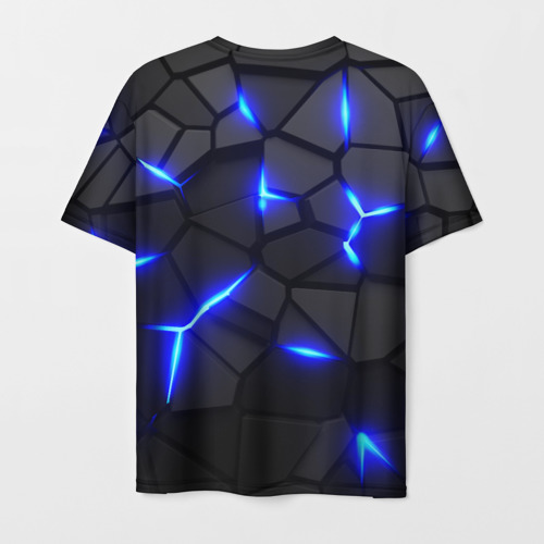 Мужская футболка 3D с принтом Cyberpunk броня синяя сталь текстура, вид сзади #1