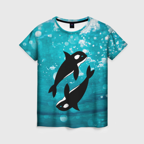 Женская футболка 3D с принтом Кит косатка в океане, вид спереди #2