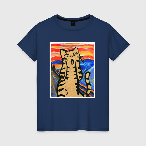 Женская футболка хлопок с принтом Орущий кот пародия на Крик Мунка, вид спереди #2